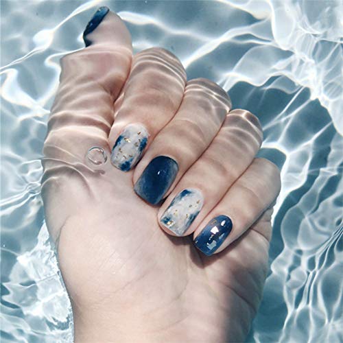 Allereya Ocean Pattern Press on Nails Long Oval Fake Nails Shimmer French Ballerina Nails Clip on Nails Full Cover Acryl Nails Prom Nails Tips for Women and Girls 24 Pieces von Allereya