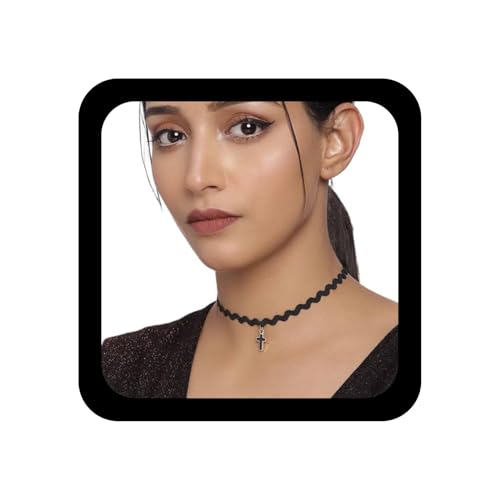 Allereya Punk Black String Choker Halskette Schwarzes Kreuz Anhänger Halskette Gewellte Spitze Choker Halskette Stretch Spitze Tattoo Halskette Schmuck für Frauen und Mädchen Geschenke(A) von Allereya