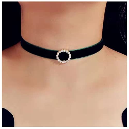 Allereya Punk Halsband aus Samtband Halskette Perlenkreis-Halsband Halskette Winzige Perlenkette Gotische grüne Satinseide Halskette Satin Choker Halsketten Schmuck für Frauen und Mädchen (Grün) von Allereya