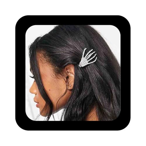 Allereya Punk Skelett Hand Haarspange Strass Skelett Hand Haarspange Silberner Totenkopf Haarnadel Geister Hand Pins Clips Barrette Totenkopf Hand Haarspange Halloween Side Clip Barrette Dekoratives von Allereya