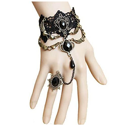 Allereya Punk-Spitzen-Fingerring-Armband, schwarzes Kristall-Sklaven-Armband, hohles Spitzenarmband, geschichtetes Tropfen-Kristallarmband, Handgeschirr Kette Schmuck für Frauen und Mädchen (Stil 1) von Allereya