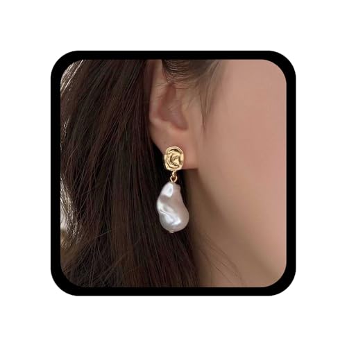 Allereya Vintage Barock Perlen Ohrringe Feuerball Perlen Ohrringe Gold Perlen Ohrringe Gehämmert Quadratische Ohrstecker Perle Braut Ohrringe Schmuck Für Frauen von Allereya