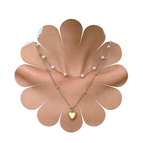 Allereya Vintage Geschichtet Herz Anhänger Halskette Puffed Herz Halskette Gold Perle Station Kette Halskette Liebe Herz Choker Halskette Schmuck Für Frauen Und Mädchen (Gold) von Allereya