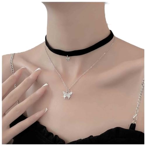 Allereya Vintage Geschichtet Kristall Schmetterling Halskette Kurz Schwarz Samt Choker Strass Schmetterling Anhänger Halskette Schwarz Vegan Wildleder Halskette Schmuck Für Frauen Und Mädchen von Allereya