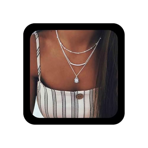 Allereya Vintage Geschichtet Mondstein Halskette Horizontale Röhre Bar Halskette Oval Mondstein Anhänger Halskette Silber Kugel Kette Choker Halskette Schmuck Für Frauen Und Mädchen von Allereya