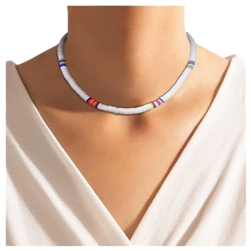 Allereya Vintage Heishi Surfer Choker Halskette Heishi Perlen Halskette Vinyl Scheibe Perlen Halskette Choker Reis Perlen Choker Heishi Vinyl Choker Halskette Schmuck Für Frauen Und Mädchen (weiß) von Allereya