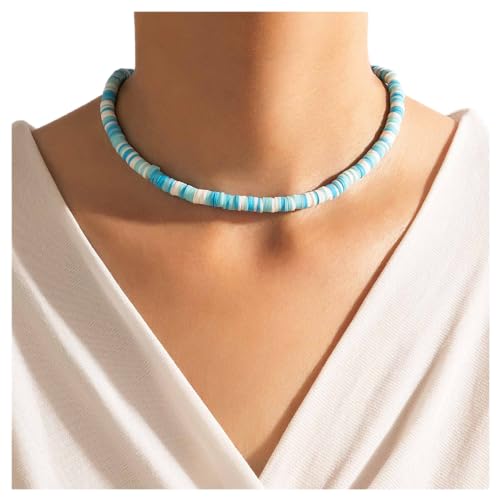 Allereya Vintage Heishi Surfer Choker Halskette Vinyl Scheibe Perlen Halskette Choker Heishi Perlen Choker Halskette Blau Heishi Vinyl Choker Halskette Schmuck Für Frauen Und Mädchen (blau) von Allereya