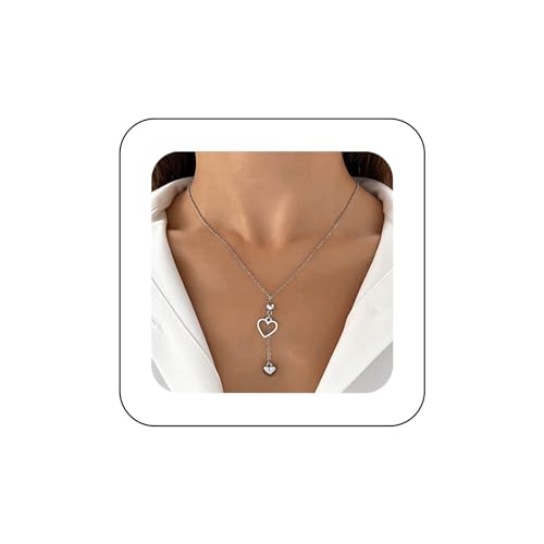 Allereya Vintage Herz Tropfen Y Halskette Herz Anhänger Halskette Boho Herz Y Lariat Halskette Hohl Silber Herz Liebe Choker Halskette Schmuck Für Frauen Und Mädchen (Silber) von Allereya