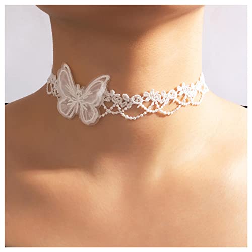 Allereya Vintage Hohl Spitze Halskette Weiß Breite Spitze Choker Halskette Weiße Spitze Schmetterling Halskette Schlichte Spitze Clavicle Halskette Schmuck Für Frauen Und Mädchen von Allereya