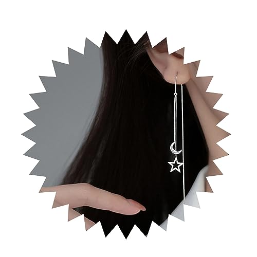 Allereya Vintage Hohl Stern Einfädler Ohrringe Mondsichel Ohrstecker Ohrringe Lange Kette Quaste Baumeln Ohrringe Silber Bar Durchziehen Ohrringe Schmuck Für Frauen Und Mädchen von Allereya