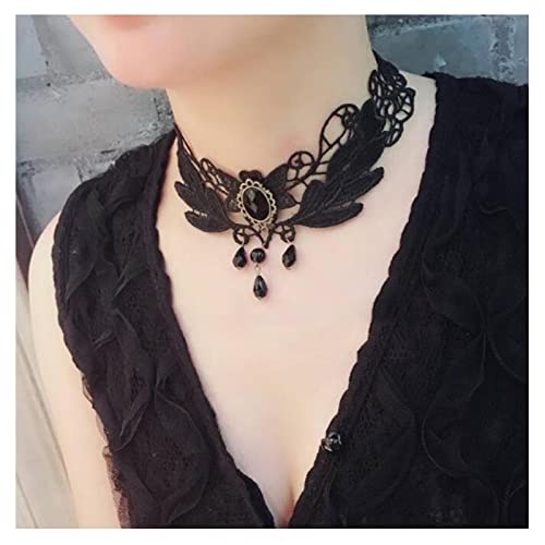 Allereya Vintage Hohle Spitze Choker Halskette Schwarz Oval Edelstein Halskette Teardrop Cz Perle Baumeln Halskette Punk Plain Spitze Clavicle Halskette Schmuck Für Frauen Und Mädchen (gem) von Allereya