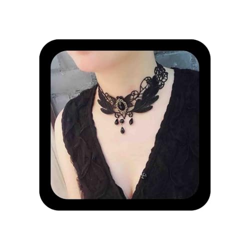 Allereya Vintage Hohle Spitze Choker Halskette Schwarz Oval Edelstein Halskette Teardrop Cz Perle Baumeln Halskette Punk Plain Spitze Clavicle Halskette Schmuck Für Frauen Und Mädchen (gem) von Allereya
