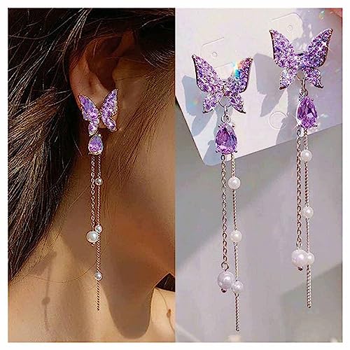 Allereya Vintage Kristall Amethyst Schmetterling Ohrringe Amethyst Schmetterling Ohrringe Lange Perle Tropfen Ohrringe Lila Cz Lange Kette Quaste Ohrringe Schmuck Für Frauen Und Mädchen von Allereya