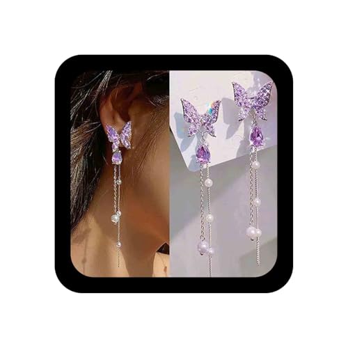 Allereya Vintage Kristall Amethyst Schmetterling Ohrringe - Lila Amethyst Tropfen - Boho Perlenkette - Hänger für Frauen und Mädchen von Allereya