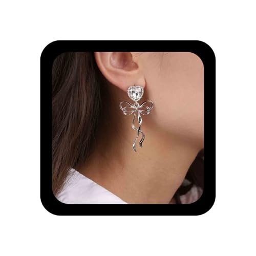 Allereya Vintage Kristall Bogen Baumeln Ohrringe Strass Herz Ohrstecker Ohrringe Silber Cz Herz Liebe Ohrringe Große Bowknot Ohrringe Schmuck Für Frauen Und Mädchen von Allereya