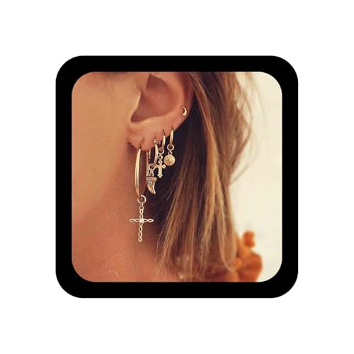 Allereya Vintage Kristall Kreuz Baumeln Ohrringe Schicht Kreuz Hoop Huggie Ohrringe Retro Kreuz Ohrringe Gold Mehrere Piercing Ohrringe Set Schmuck Für Frauen Und Mädchen von Allereya