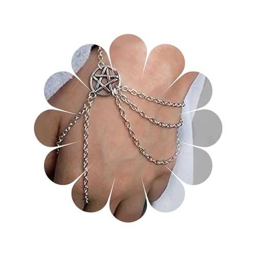 Allereya Vintage Layered Finger Ring Armband Kreis Stern Armband Silber Sklaven Armband Hand Kette Punk Pentakel Stern Sklaven Armband Hand Harness Kette Schmuck Für Frauen Und Mädchen von Allereya