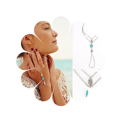 Allereya Vintage Layered Türkis Fingerring Armband Silber Slave Armband Hohle Blume Armband Blauer Stein Handkette Armband Schmuck für Frauen und Mädchen von Allereya