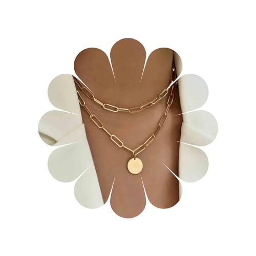 Allereya Vintage Mehrlagige Coin Disc Choker Halskette Retro Coin Pendant Halskette Punk Paperclip Chain Halskette Gold Round Circle Halskette Schmuck für Frauen und Mädchen (Gold) von Allereya