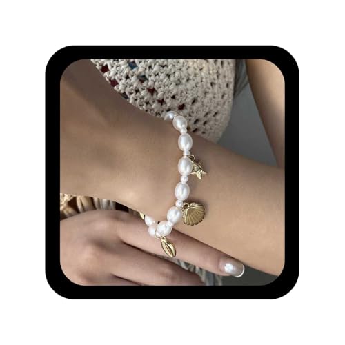Allereya Vintage Ovales Perlenarmband Muschelarmband Gold Seesternarmband Weiß Muschelkette Armbänder Verstellbar Perle Handkette Schmuck Für Frauen von Allereya