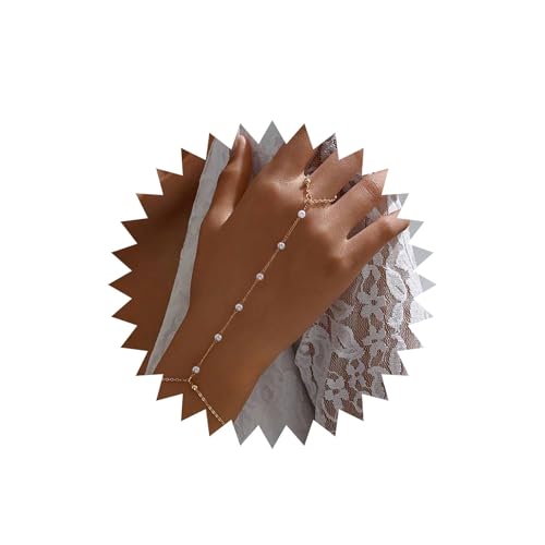 Allereya Vintage Perlen Fingerring Armband Einstellbar Perlen Hand Kette Armbänder Gold Perle Sklaven Armband Kette Handgeschirr Perlen Sklaven Finger Armbänder Schmuck Für Frauen von Allereya