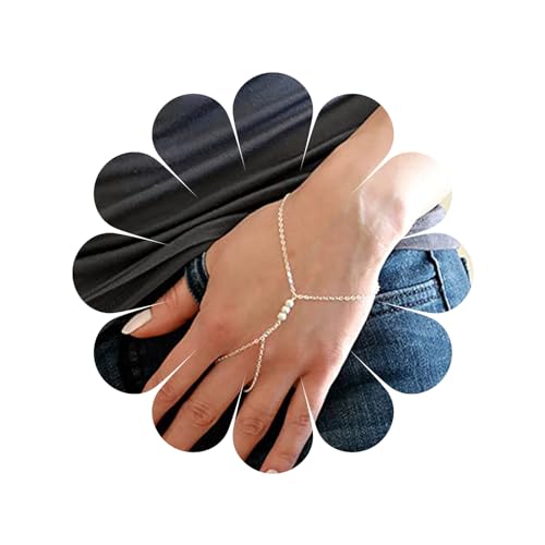 Allereya Vintage-Perlen-Fingerring-Armband Silber-Sklaven-Armband Perlen-Ring-Handgelenk-Armband Winziges Perlen-Armband Perlen-Sklaven-Handketten-Armband Schmuck für Frauen und Mädchen von Allereya