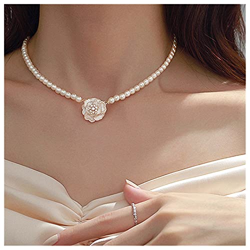 Allereya Vintage Perlenkette Halskette Perle Kamelie Choker Halskette Blume Kamelie Anhänger Halskette Faux Perle Choker Halskette Schmuck Für Frauen Und Mädchen von Allereya