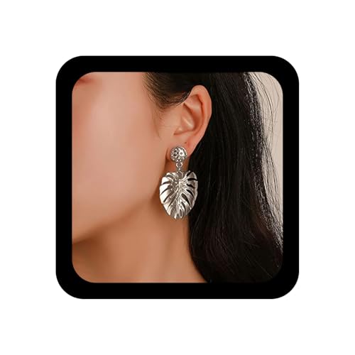 Allereya Vintage Punk Hollow Leaf Dangle Ohrringe Palm Leaf Ohrringe Silber Palm Leaf Drop Ohrringe Circle Post Ohrstecker Schmuck für Frauen und Mädchen (Silber) von Allereya