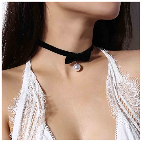 Allereya Vintage Satin Halsband Halskette Perlen Anhänger Halskette Schwarze Schleife Halskette Punk Leder Halsband Halskette Kette Schmuck für Frauen und Mädchen von Allereya