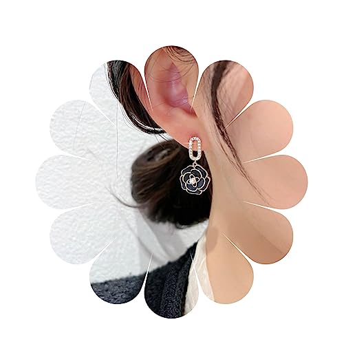 Allereya Vintage Schwarz Emaille Blume Tropfen Ohrringe Kristall Oval Reifen Baumeln Ohrringe Schwarz Emaille Ohrringe Perle Blume Ohrringe Schmuck Für Frauen Und Mädchen (schwarz) von Allereya