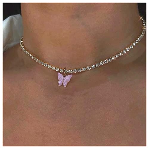 Allereya Vintage Strass Kette Kette Kristall Schmetterling Anhänger Kette Silber Rund Geschliffene Tennis Kette Rosa Schmetterling Halskette Schmuck Für Frauen Und Mädchen (rosa Schmetterling) von Allereya