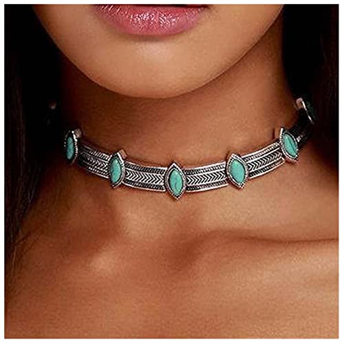 Allereya Vintage Türkis Choker Halskette Blauer Stein Choker Halskette Silber Kurze Kette Halskette Punk Klobig Kragen Halskette Schmuck Für Frauen Und Mädchen von Allereya