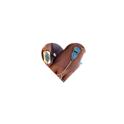 Allereya Vintage Türkis Finger Ring Armband Türkis Handgelenk Armband Silber Sklave Armband Boho Teardrop Blauen Stein Armband Tribal Hand Harness Kette Braut Hand Schmuck Für Frauen Und Mädchen von Allereya