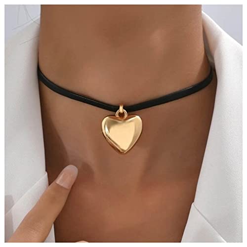 Allereya Vintage Wildleder Choker Halskette Puffy Herz Anhänger Halskette Schwarz Samt Halskette Gold Herz Samt Choker Halskette Schmuck Für Frauen Und Mädchen von Allereya