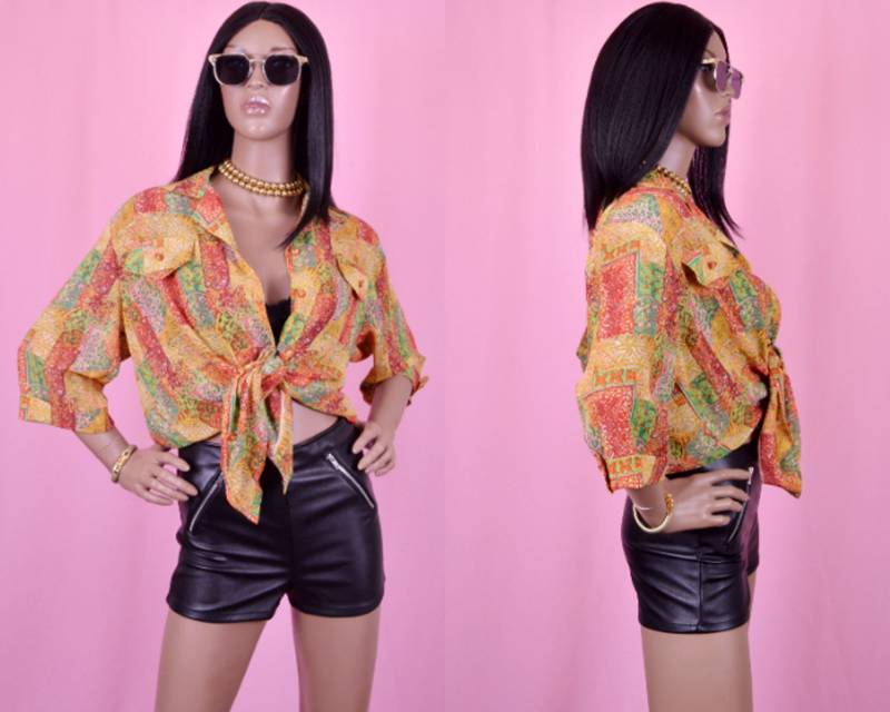 90Er Jahre Vintage Erde Ton Bluse Verbrannt Orange Gold Gelb Druck Button Up Shirt 1990Er Süße Sommer Top Crop Plus Größe Groß - Xl von AlleysVintage