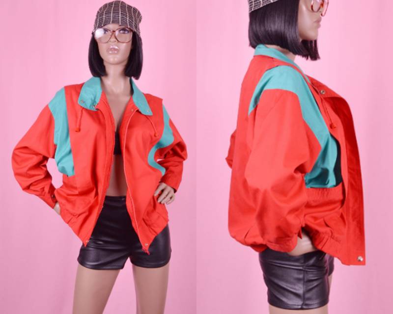 Vintage 90Er Jahre Rot Jacke Sport Zwei-Ton Grün & Zip Up 1990 Retro Windbreaker Unisex Medium-Large von AlleysVintage