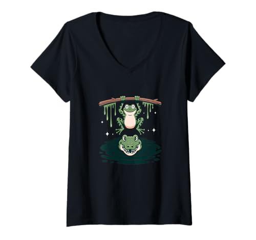 Damen Frosch - Amphibien - Alligator - Krokodil - Froschliebhaber T-Shirt mit V-Ausschnitt von Alligato - Frog - Amphibian - Frog Lover
