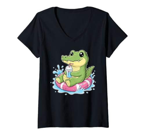 Damen Happy Crocodile Pool Float Drink — Spaß im Sommer T-Shirt mit V-Ausschnitt Damen Happy Crocodile Pool Float Drink — Spaß im Sommer T-Shirt mit V-Ausschnitt von Alligator Alley Apparel - Swampy Fun Designs Co.