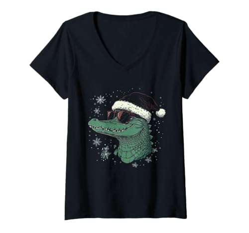 Damen Alligator Gator Krokodil Nikolausmütze Lustige Weihnachten T-Shirt mit V-Ausschnitt von Alligator - Christmas Apparel & Gifts