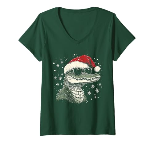 Damen Alligator Gator Krokodil Nikolausmütze Lustige Weihnachten T-Shirt mit V-Ausschnitt von Alligator - Christmas Apparel & Gifts