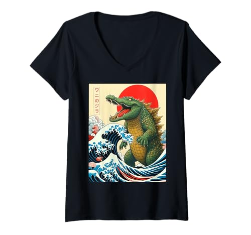 Damen Alligatorzilla Alligator Japanische Kunst Lustige Krokodil Geschenke T-Shirt mit V-Ausschnitt von Alligator Japanese Art Funny Cat Gifts Tee