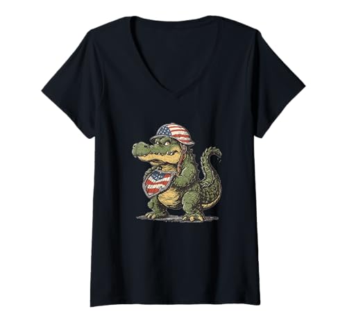 Damen Hübscher Alligator mit Militärschild und USA-Helm T-Shirt mit V-Ausschnitt Damen Hübscher Alligator mit Militärschild und USA-Helm T-Shirt mit V-Ausschnitt von Alligator Military Outfit