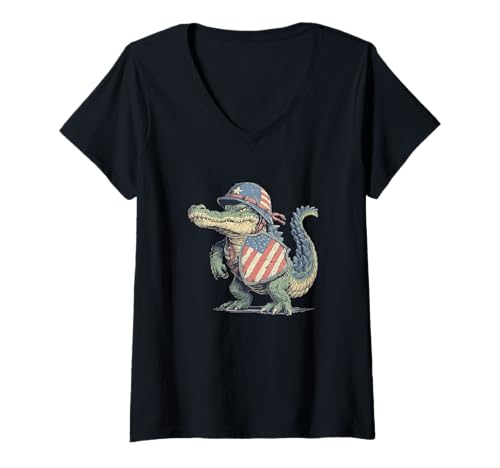 Damen USA Alligator im Military Look für patriotische Alligators Fans T-Shirt mit V-Ausschnitt von Alligator Military Outfit