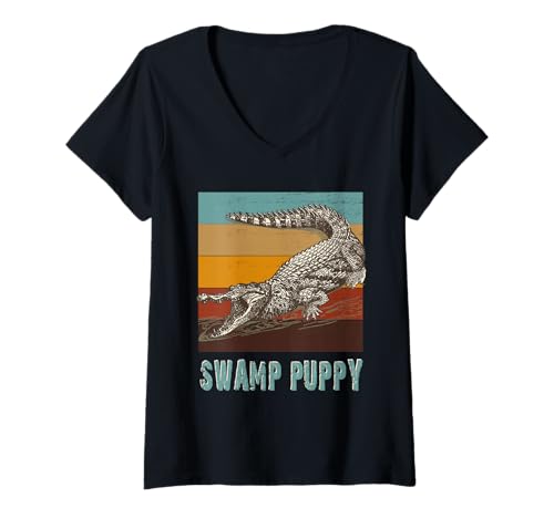 Damen Witzige Alligator-Everglades Sumpfwelpen T-Shirt mit V-Ausschnitt Damen Witzige Alligator-Everglades Sumpfwelpen T-Shirt mit V-Ausschnitt von Alligator Swamp Puppies Shirts