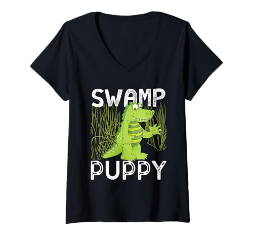 Damen Witzige Alligator-Everglades Sumpfwelpen T-Shirt mit V-Ausschnitt Damen Witzige Alligator-Everglades Sumpfwelpen T-Shirt mit V-Ausschnitt von Alligator Swamp Puppies Shirts