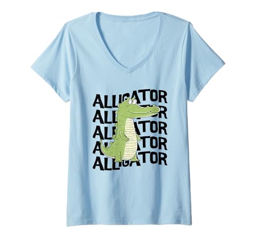 Damen Alligator-Cartoon, niedliche Grafik T-Shirt mit V-Ausschnitt Damen Alligator-Cartoon, niedliche Grafik T-Shirt mit V-Ausschnitt von Alligator Tees & Shirts