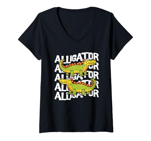 Damen Alligator-Cartoon, niedliche Grafik T-Shirt mit V-Ausschnitt von Alligator Tees & Shirts
