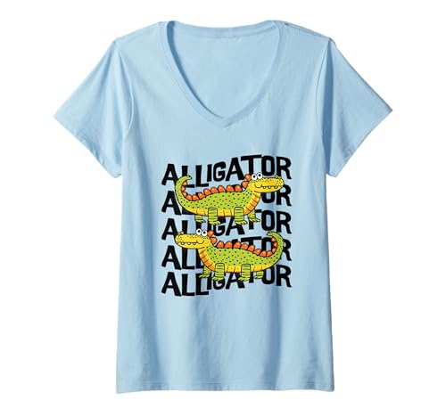 Damen Alligator-Cartoon, niedliche Grafik T-Shirt mit V-Ausschnitt Damen Alligator-Cartoon, niedliche Grafik T-Shirt mit V-Ausschnitt von Alligator Tees & Shirts