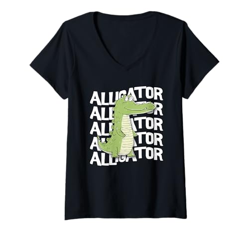 Damen Alligator-Cartoon, niedliche Grafik T-Shirt mit V-Ausschnitt Damen Alligator-Cartoon, niedliche Grafik T-Shirt mit V-Ausschnitt von Alligator Tees & Shirts