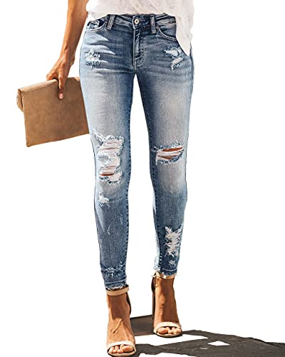 Allimy Damen High Rise Skinny Stretch Ripped Jeans High Waist Destroyed Denim Pants, Blau-1 (Blau-1), 40 EU von Allimy